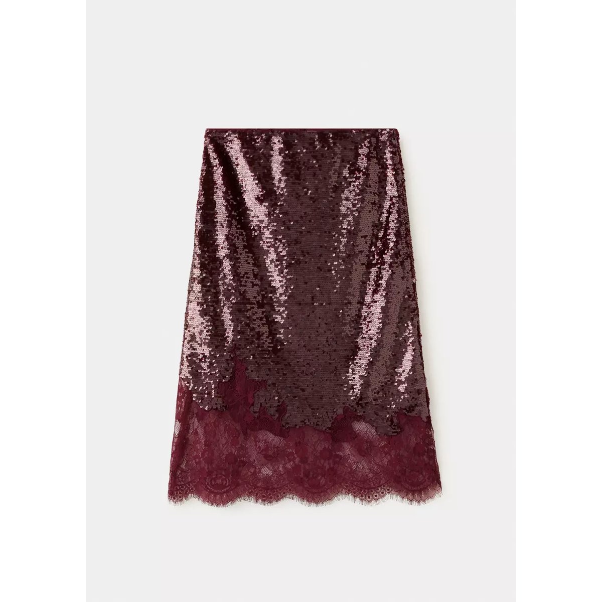 Jupe à sequins avec finition en dentelle sur le bas grenat, MANGO