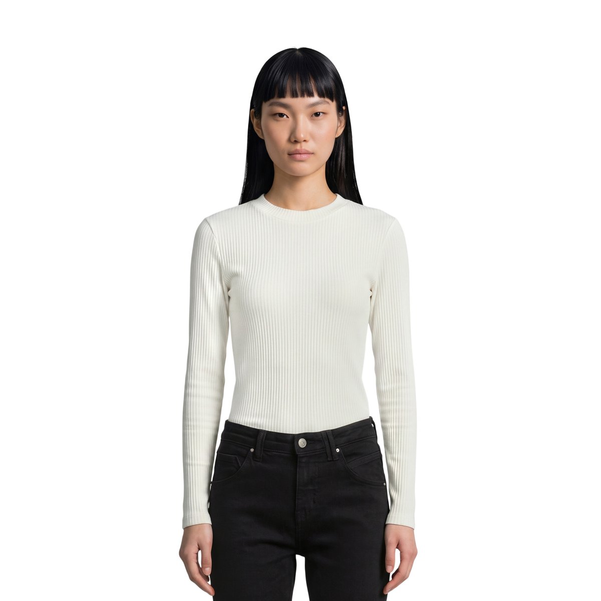 T-shirt long slim en jersey côtelé blanc, MARC O’POLO DENIM