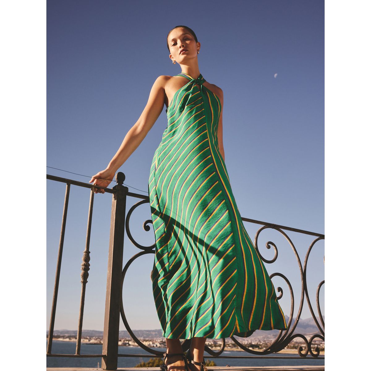 Robe mi-longue dos nu à encolure torsadée rayures vertes/jaunes, NEXT