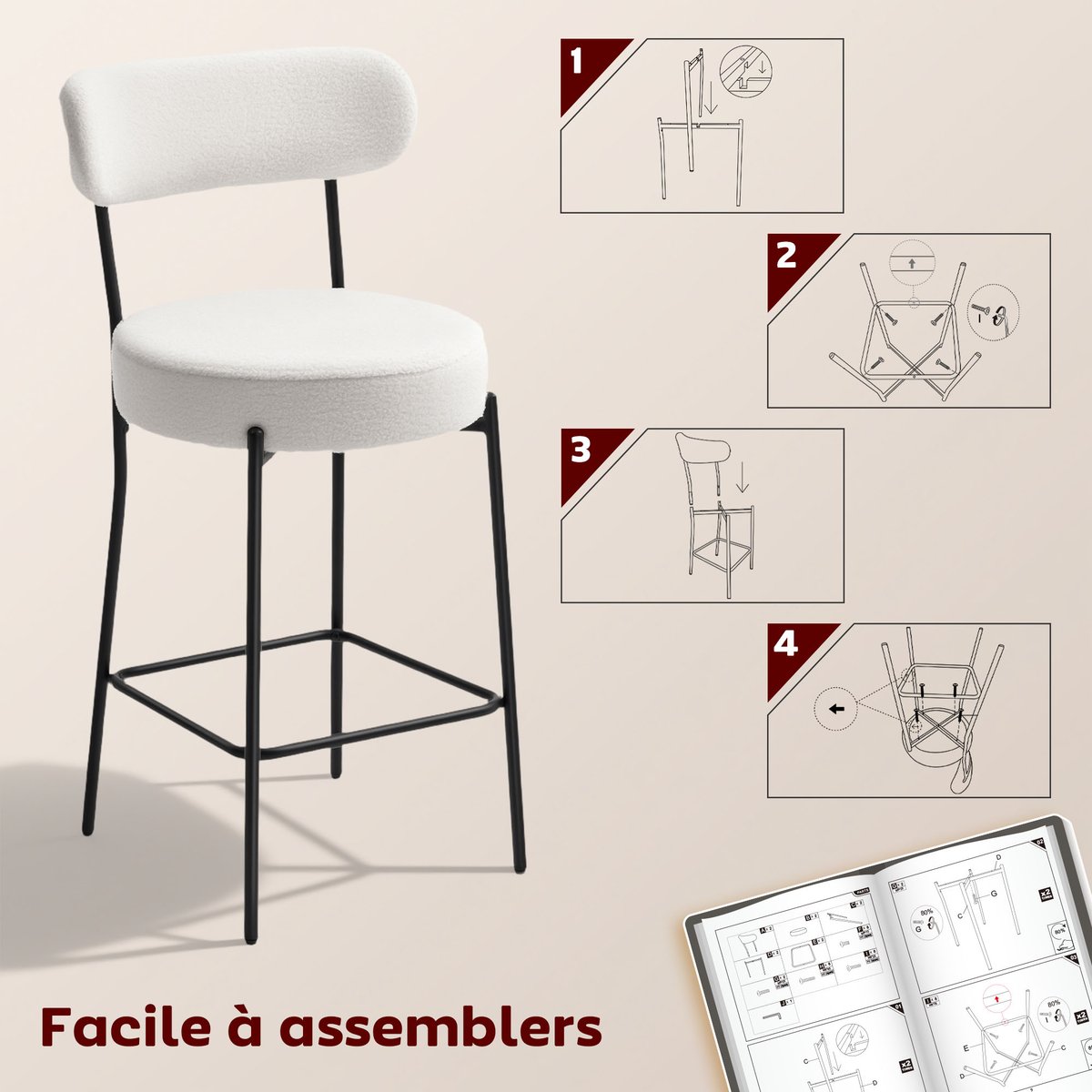 Tabouret de bar Tissu bouclette Crème crème, HOMCOM