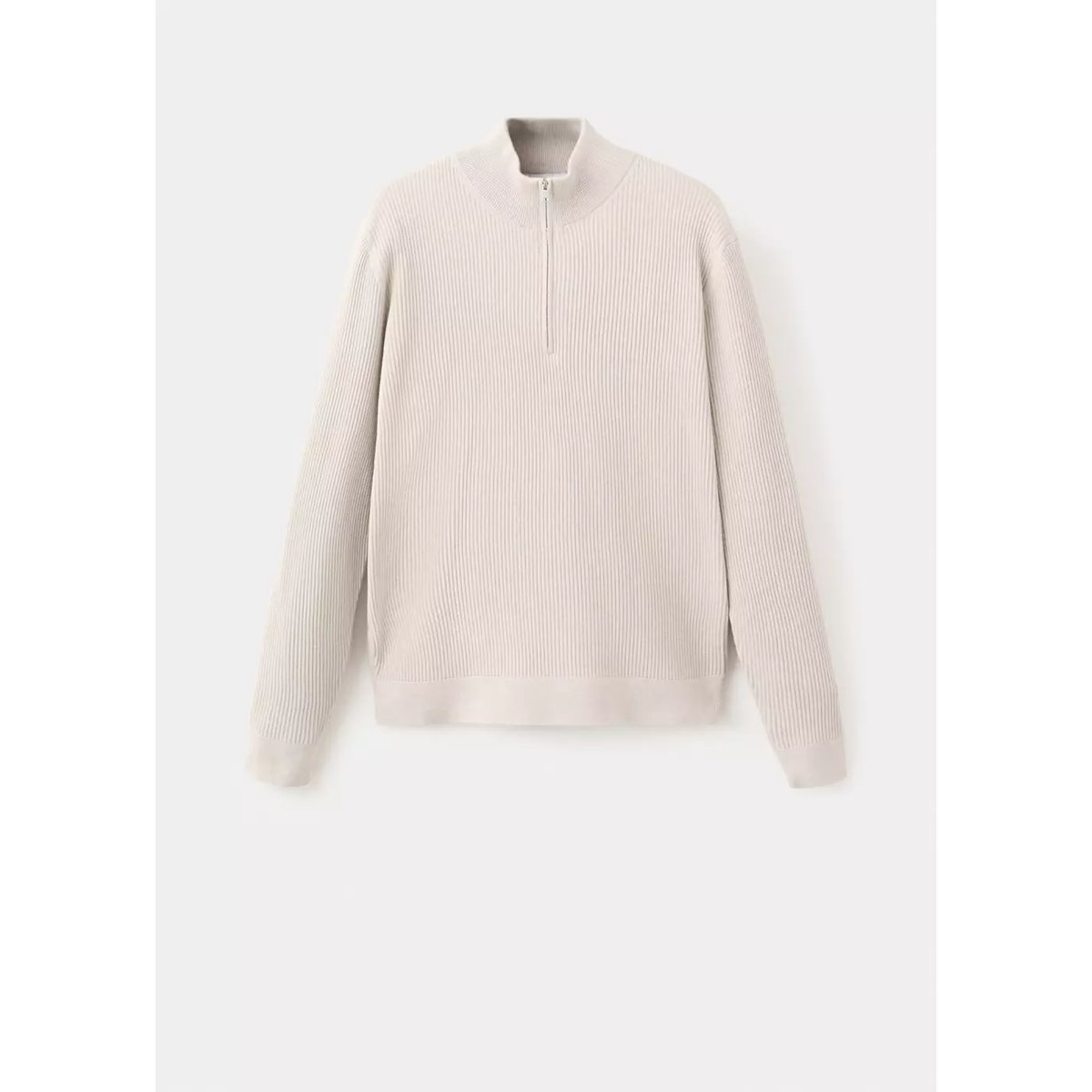 Pull-over maille côtelée col zippé beige, MANGO MAN
