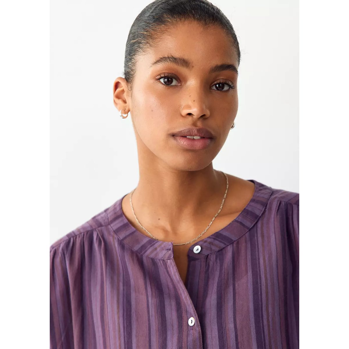 Blouse en coton rayée avec détail froncé lilas, MANGO TEEN