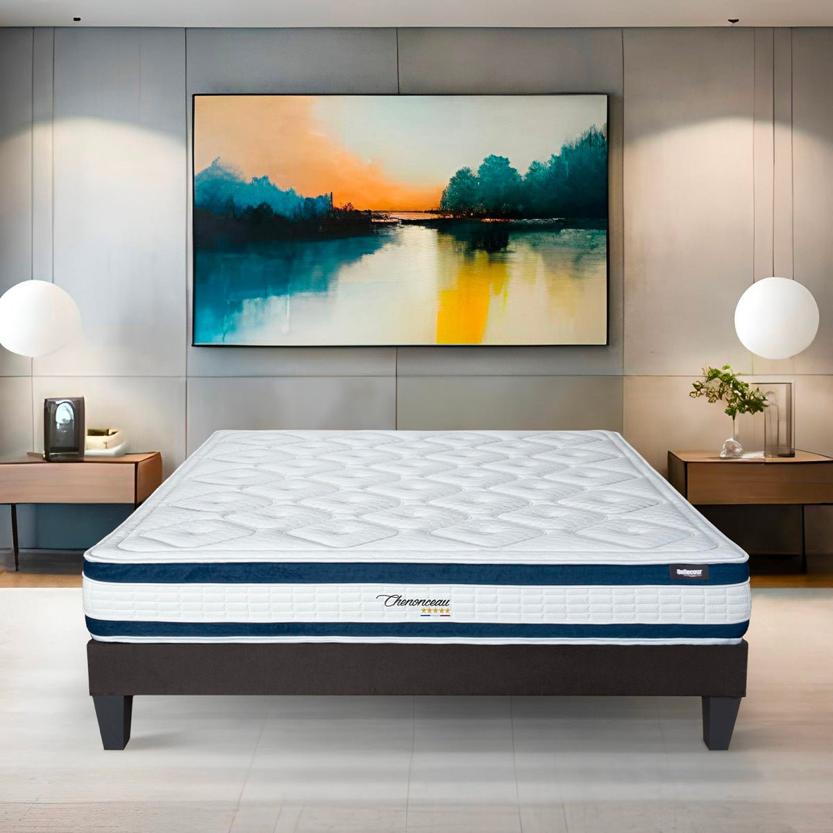 Ensemble Chenonceau 180x200 cm Matelas Mousse + Sommier Bois blanc, BELLECOUR