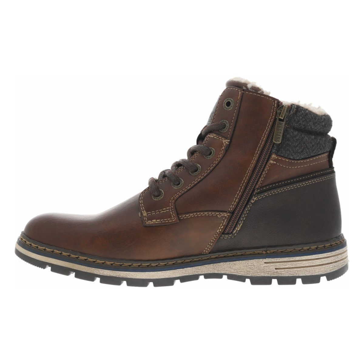 Bottines cognac à talon plat pourvues d'une fermeture zippée et de lacets cognac, MUSTANG