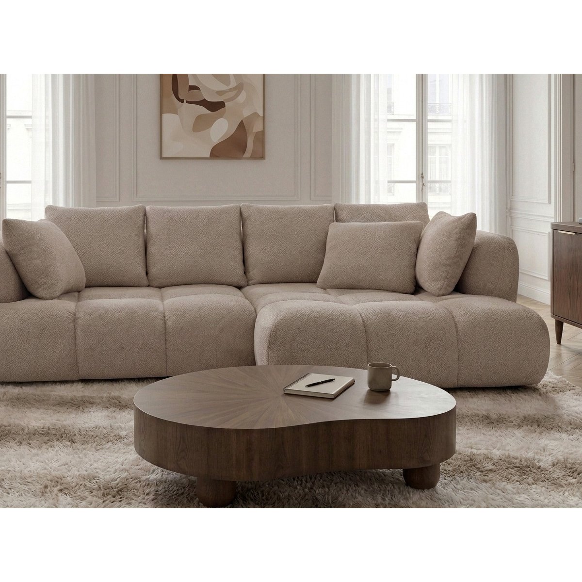 Canapé d'angle convertible 3 places en tissu bouclette, AUDE beige, BOBOCHIC