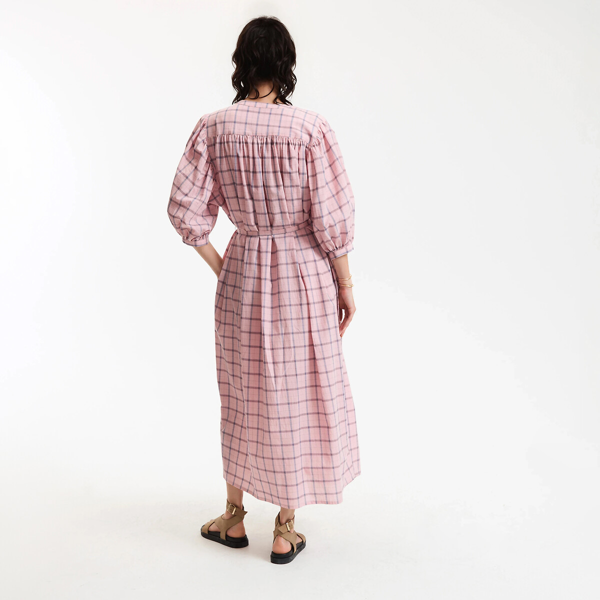 Robe longue à carreaux manches 3/4 carreaux rose, LA REDOUTE COLLECTIONS