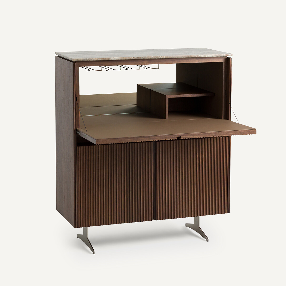 Meuble bar noyer, plaqué noyer et travertin, Jakto noyer, AM.PM
