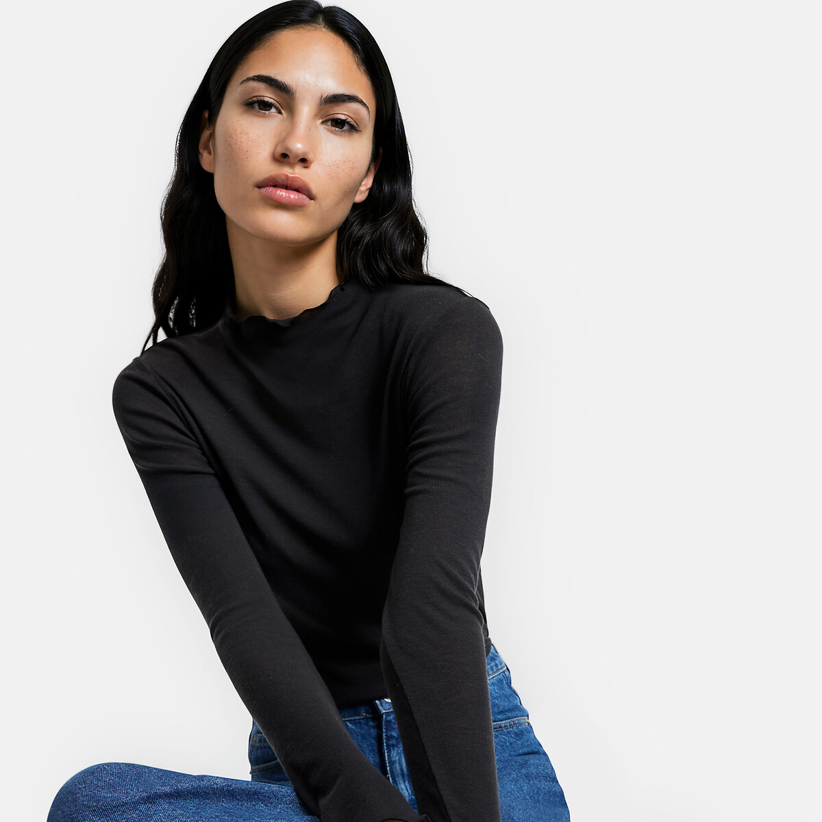 T-shirt col montant manches longues en lyocell et laine noir, LA REDOUTE COLLECTIONS