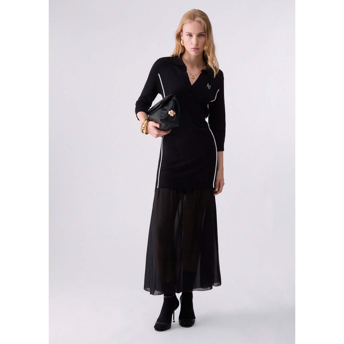 Robe en maille avec insert en georgette noir, LIU JO