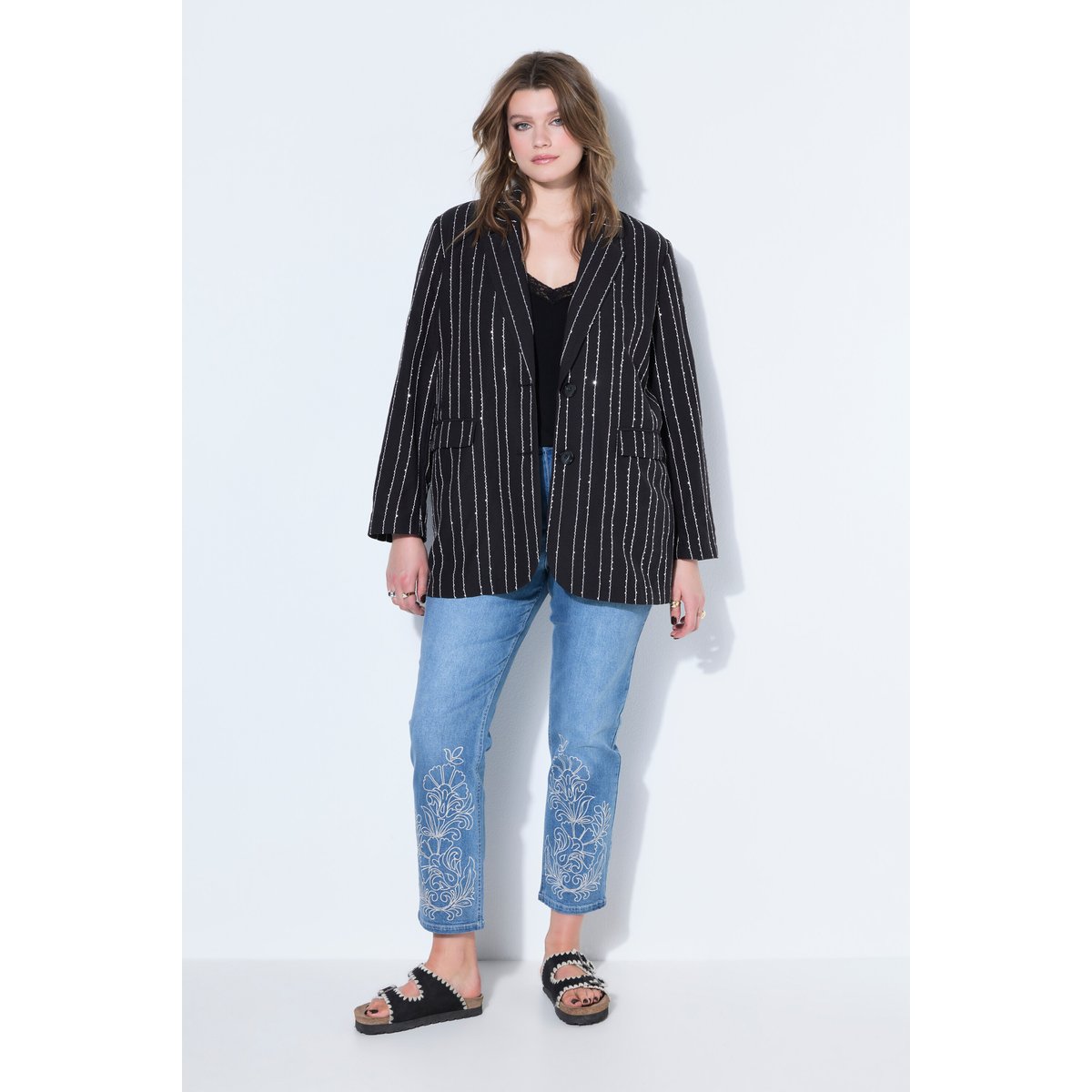 Blazer oversize, rayures fines à sequins noir, STUDIO UNTOLD