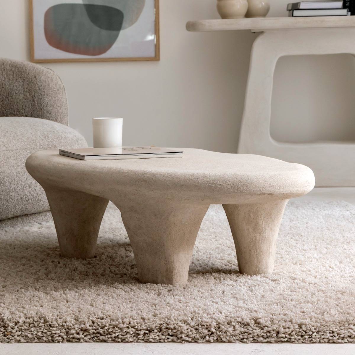 Table basse en bois effet béton ovale DANAÉ blanc, MADE IN MEUBLES