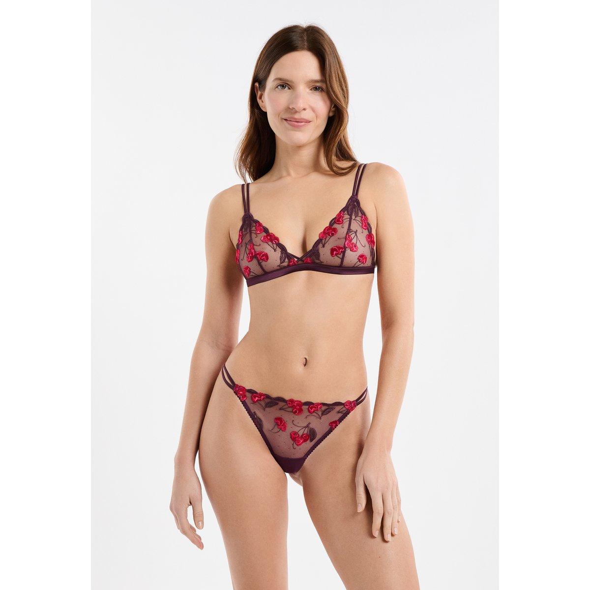 Soutien-gorge triangle à motifs cerises ITS CHERRY prune, ETAM