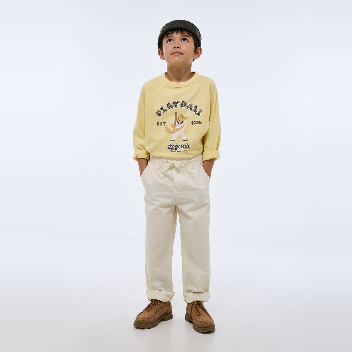 Pantalon droit taille élastiquée en coton winter white, MONOPRIX