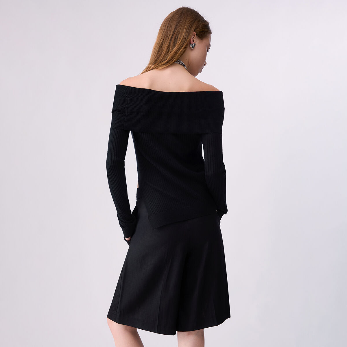 Pull en laine avec encolure Bardot noir, LIU JO