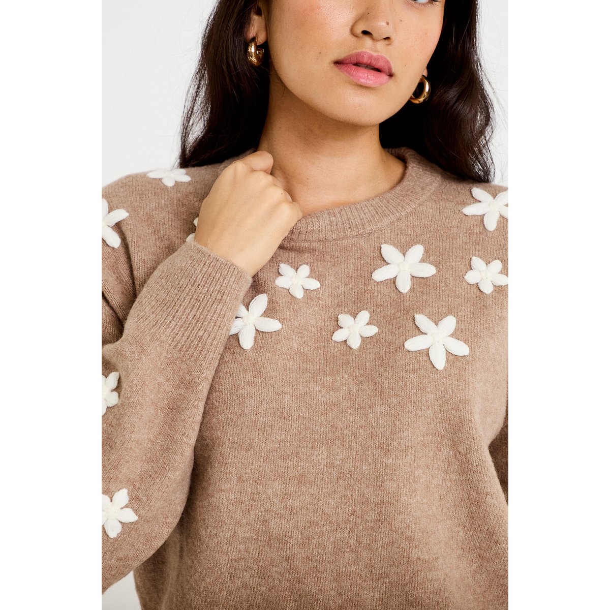 Pull oversize brodé manches longues beige, CACHE CACHE
