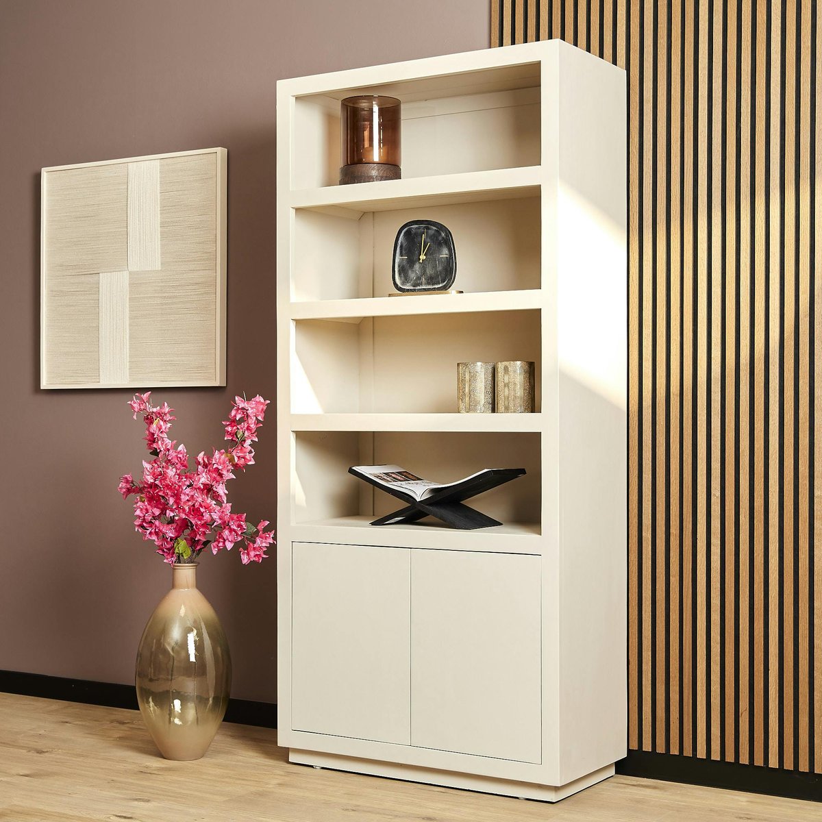 Bibliothèque en bois 4 niveaux 2 portes MONTARO sable, PIER IMPORT