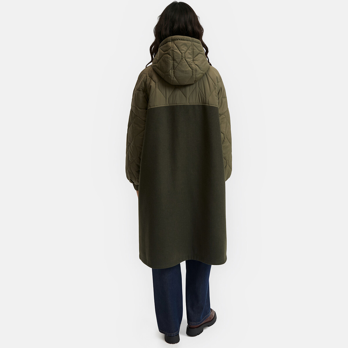 Parka de dos tejidos con capucha desmontable caqui, LA REDOUTE COLLECTIONS