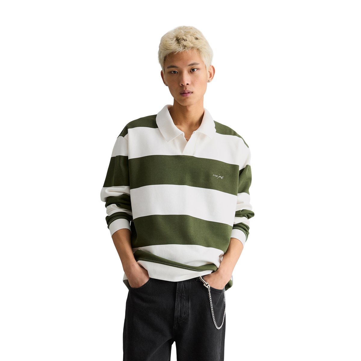 Sweat-shirt polo relaxed avec motif à rayures imprimé vert foncé, MARC O’POLO DENIM