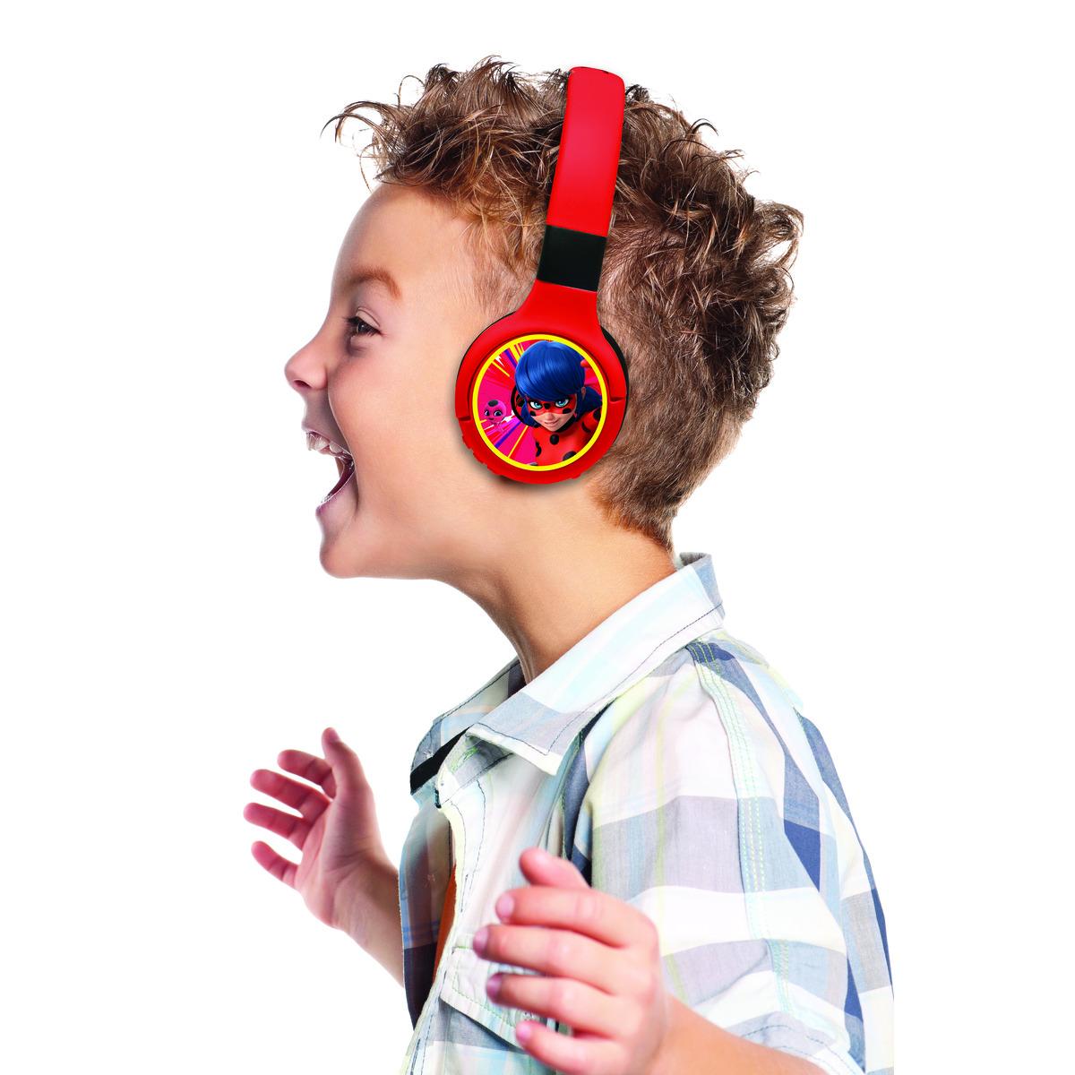 Casque 2 en 1 Miraculous Bluetooth et Filaire confortable et pliable avec limitation de son rouge, LEXIBOOK