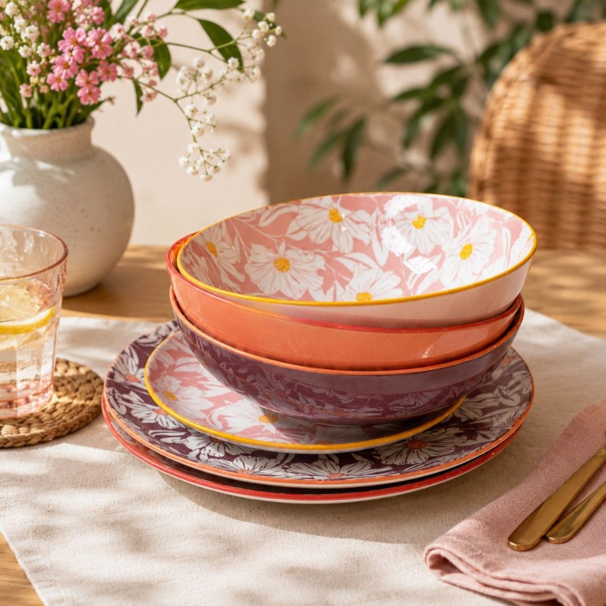 Lot de 6 assiettes creuses, OPHELIA rose, ARTIME