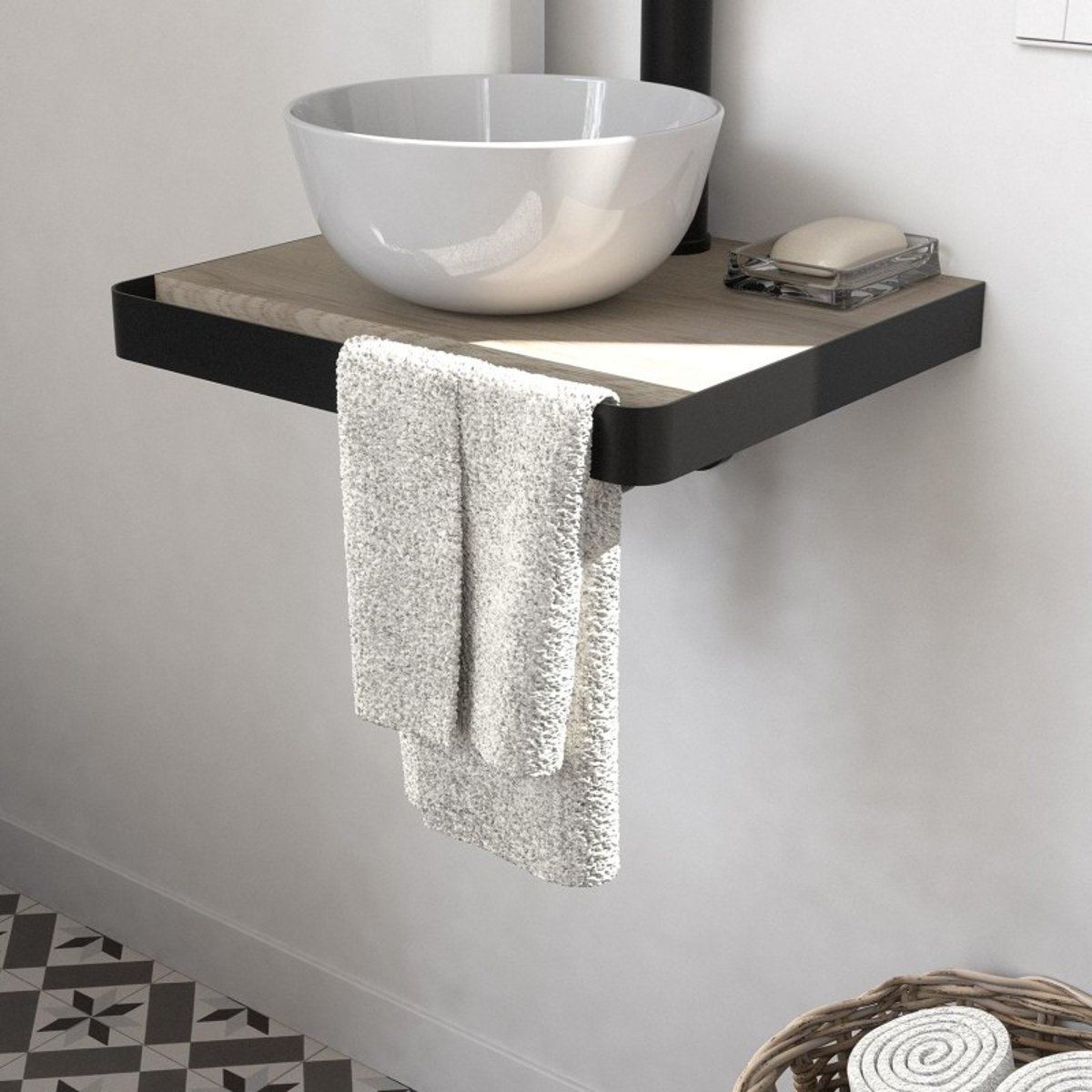 Lave-mains plan fin + vasque + miroir SOHO décor chêne, MOB IN