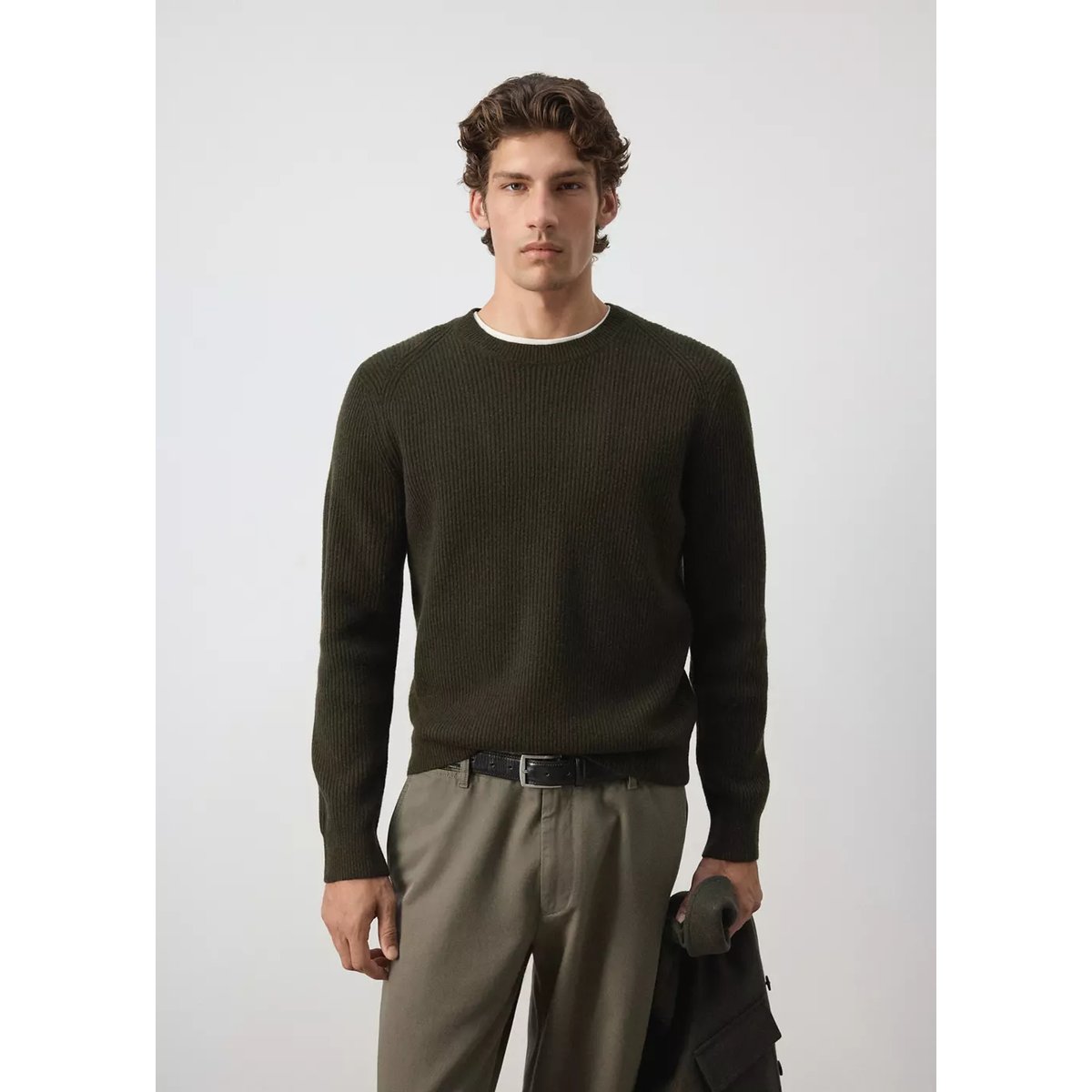 Pull-over maille côtelée kaki, MANGO MAN