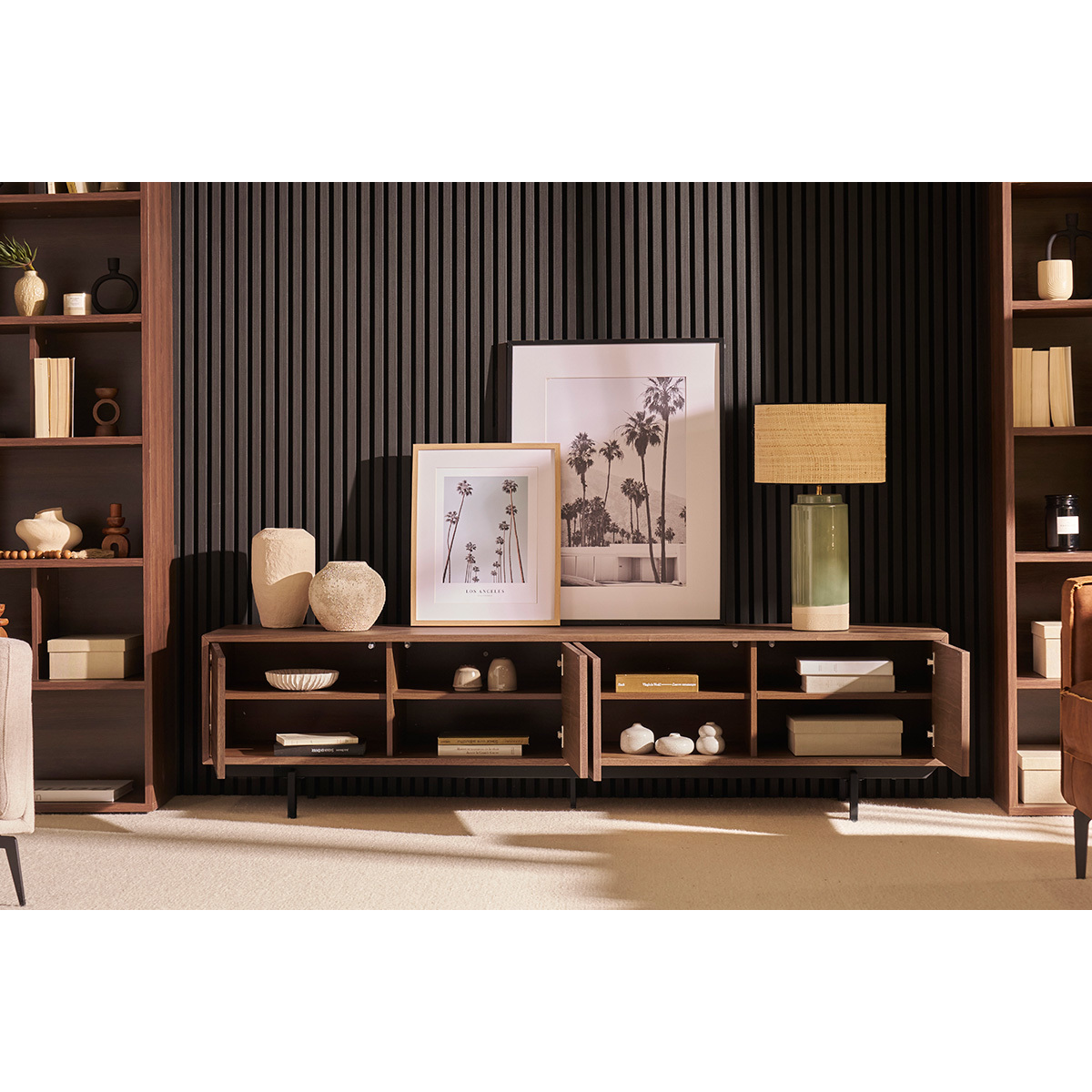 Meuble TV vintage bois foncé noyer et métal noir L200 cm MANNY noyer, MILIBOO