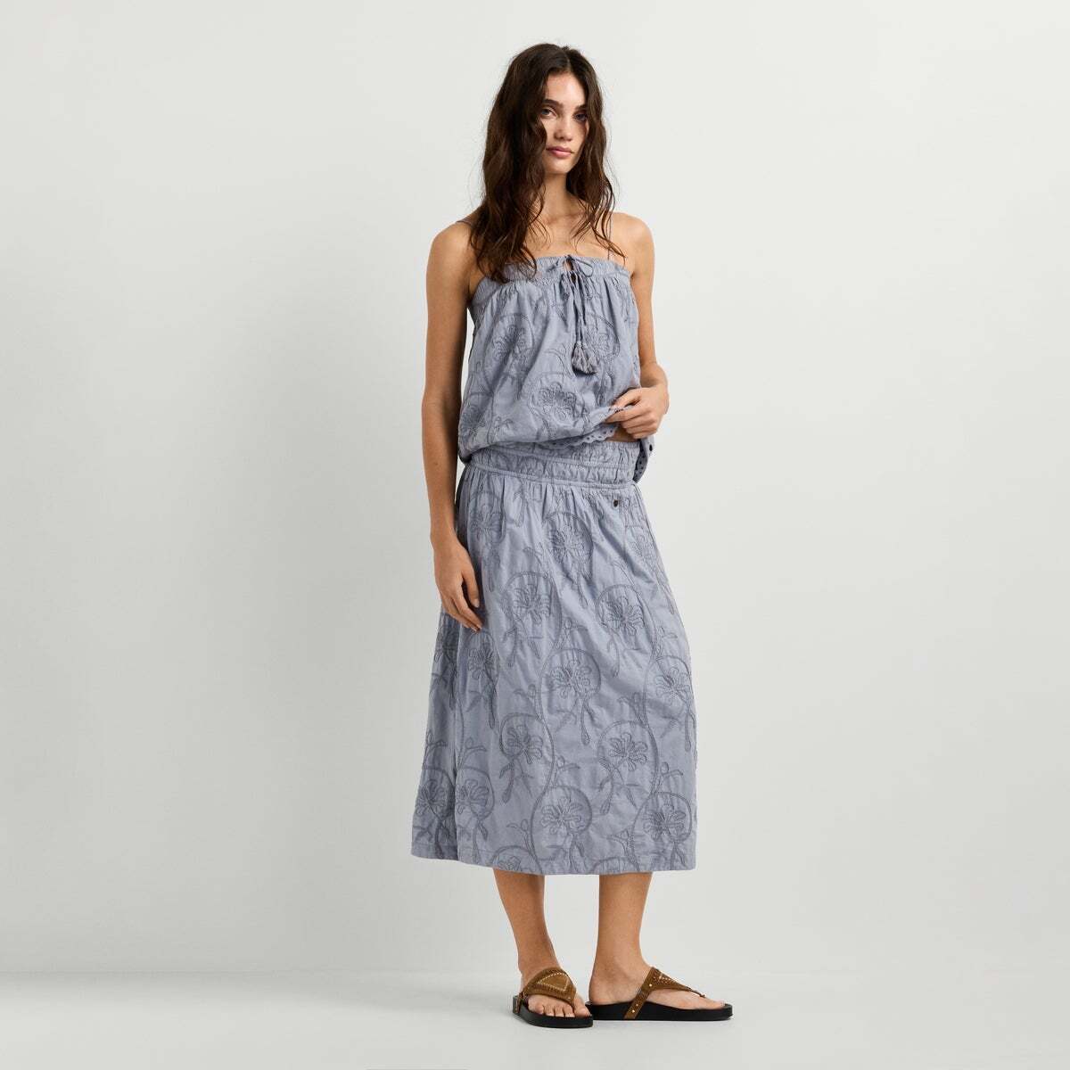Jupe Midi Brodée Florale bleu mer tempête, PEPE JEANS