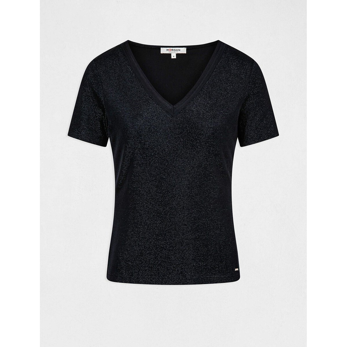 T-shirt manches courtes, col V, avec fibres métallisées bleu marine, MORGAN