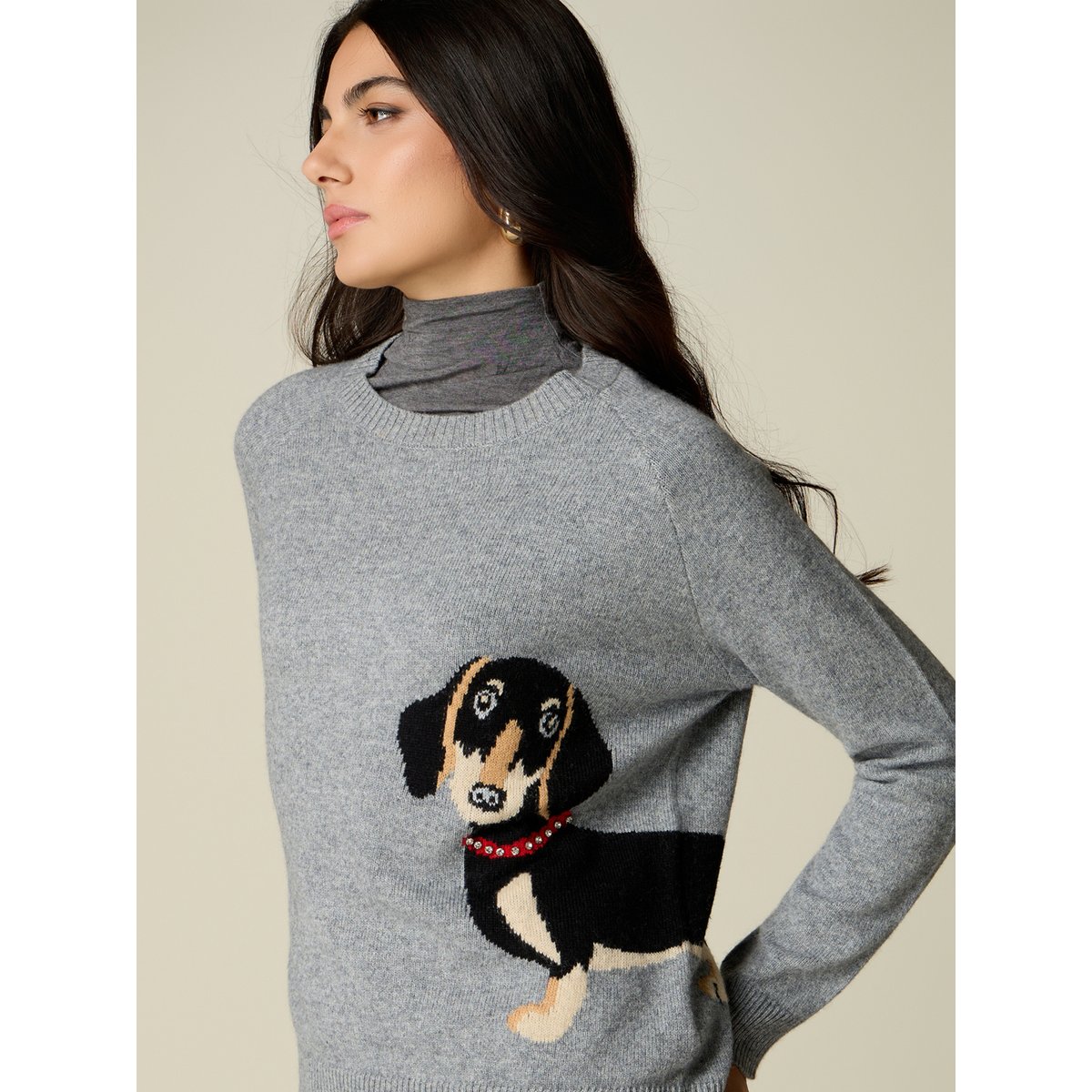 Pull avec motif jacquard et strass gris, OLTRE