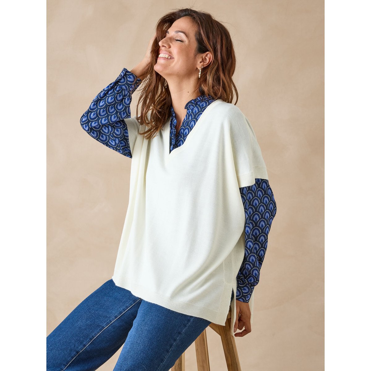 Pull manches courtes 30% laine mérinos ecru, DAXON
