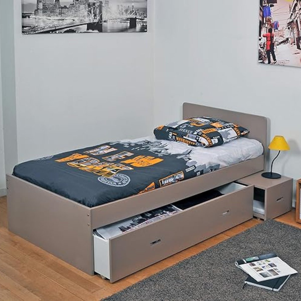 Lit tiroir enfant bois avec chevet gris, TERRE DE NUIT