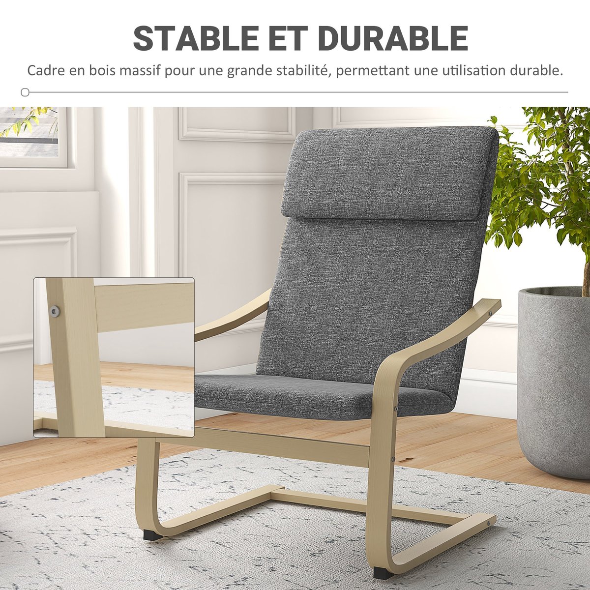 Accent Chair Polyester Gris gris foncé, cadre bois naturel, HOMCOM
