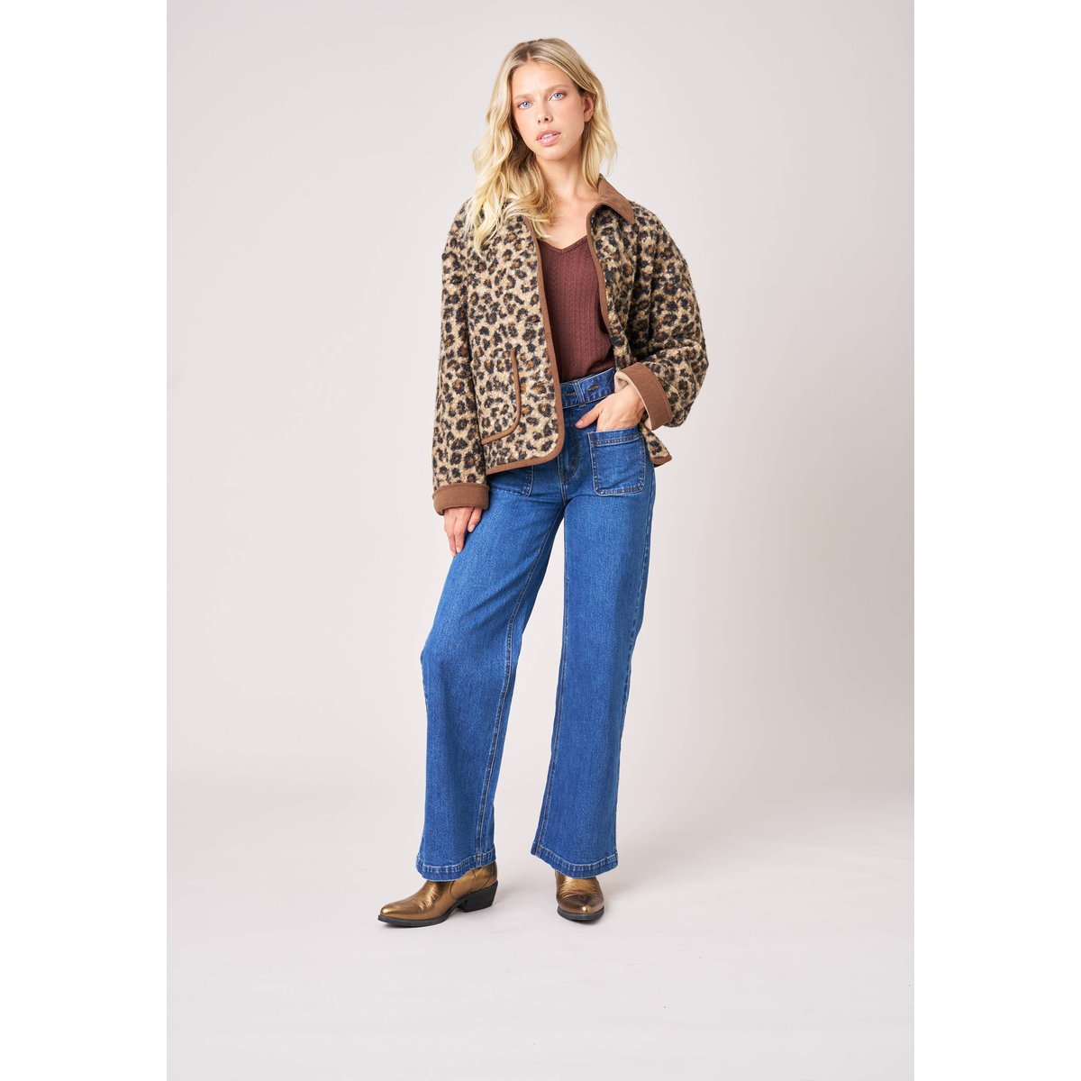 Veste courte régular femme effet léopard THALYA brown, DEELUXE