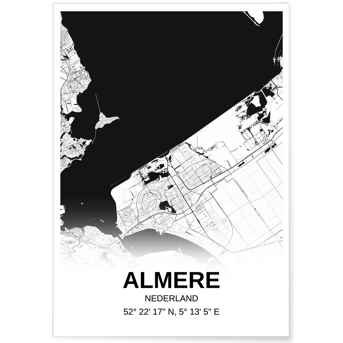 Affiche carte Almere - rectangle Noir et Blanc blanc, L'AFFICHERIE