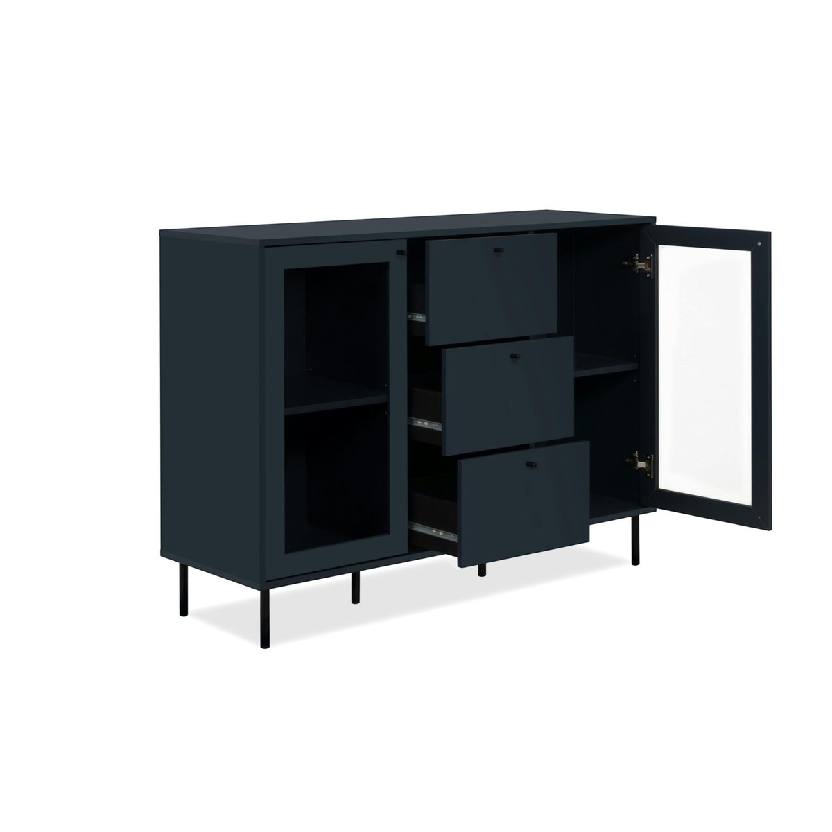 Buffet vitrine bleu sombre 2 portes 3 tiroirs RAVEN bleu, PIER IMPORT