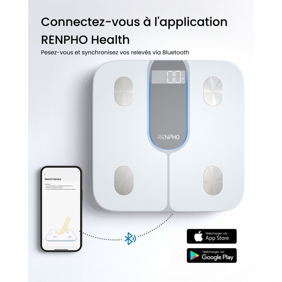 Pèse personne connecté Elis 1C Verre Trempé, Bluetooth, Max. 180 kg, Connecté, 13 Données Corporelles couleur unique, RENPHO