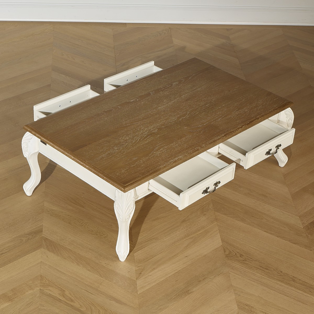 Table basse rectangulaire style shabby chic, plateau en chêne MARIANNE blanc, ROBIN DES BOIS