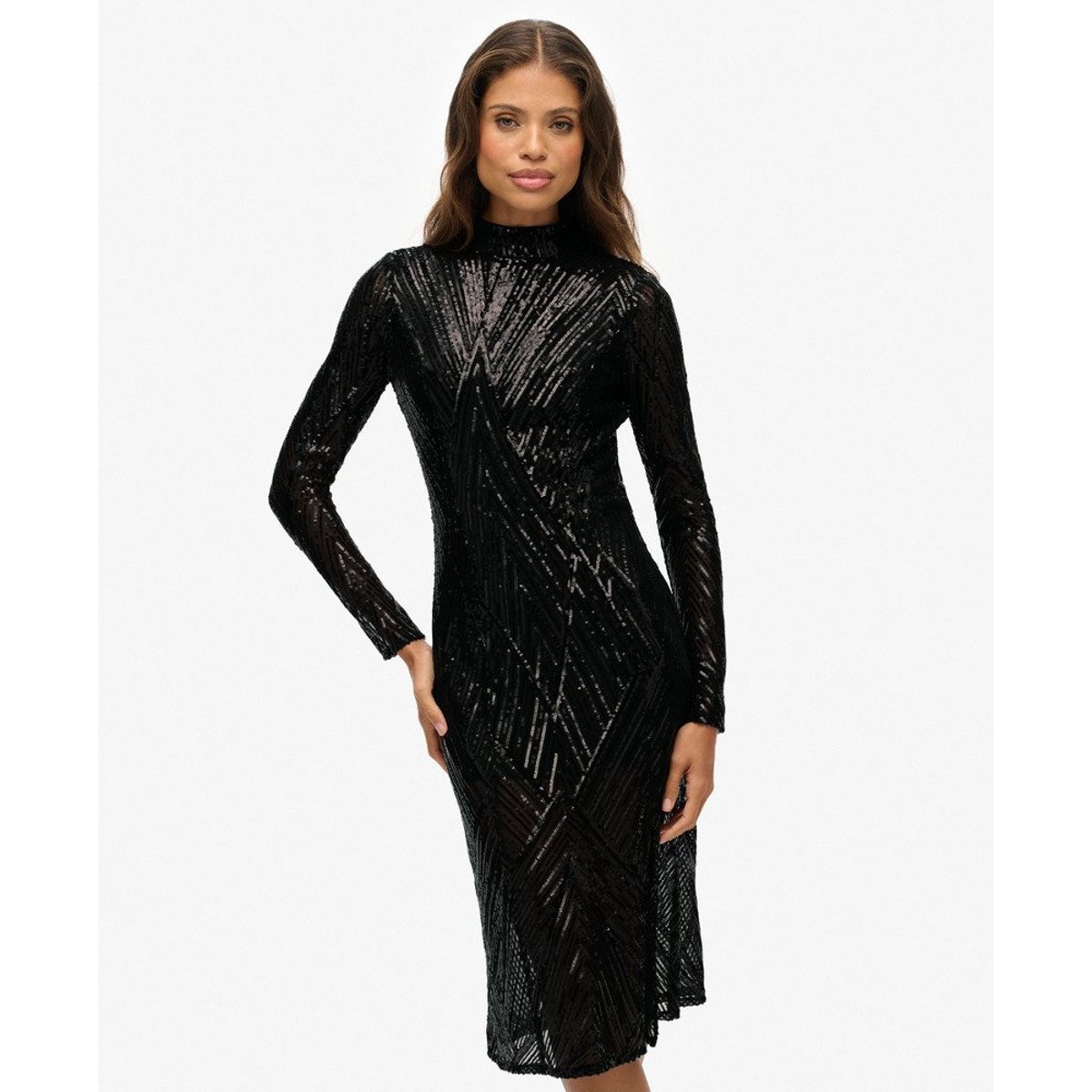 Robe Midi à Manches Longues et Dos Ouvert sequins noirs style art déco, SUPERDRY