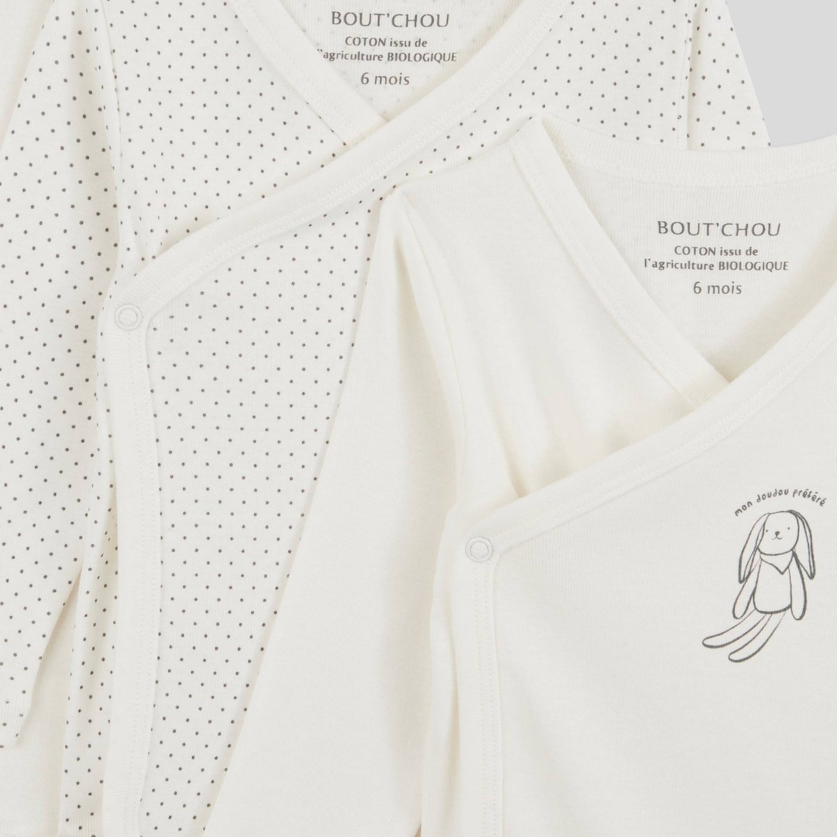 Lot de 3 bodies manches longues croisés en coton BIO, certifié GOTS et OEKO TEX blanc, BOUT'CHOU