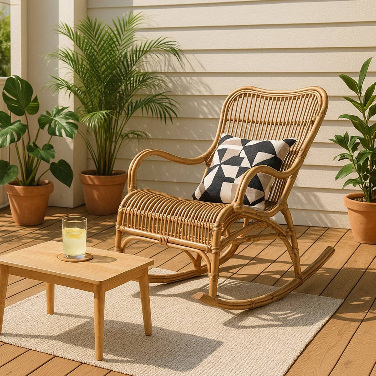 Rocking chair de jardin en rotin  RATTAN bois clair, MADE IN MEUBLES 