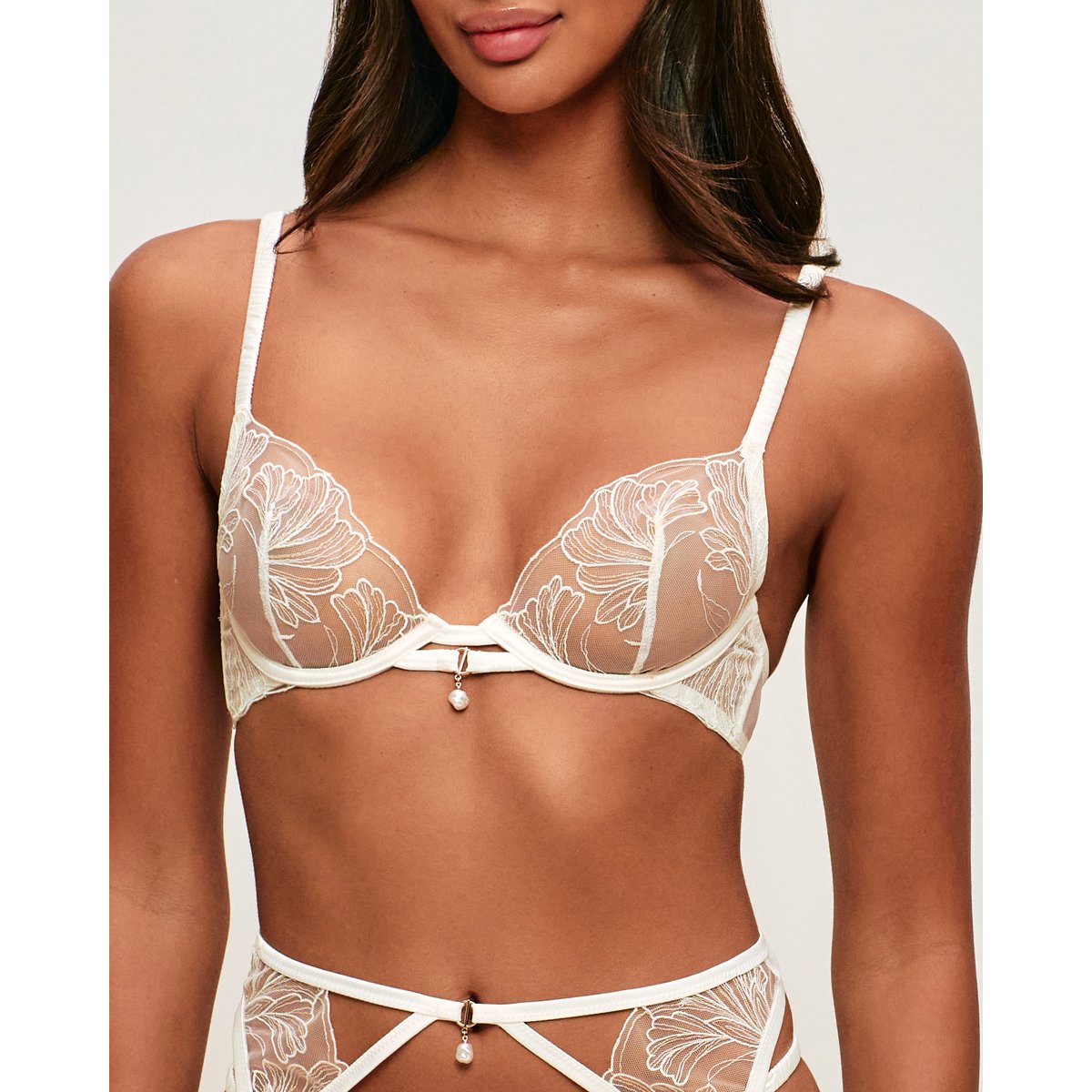 Soutien-gorge corbeille en mesh avec broderies florales et pendentif perle LENIZ ecru, UNDIZ