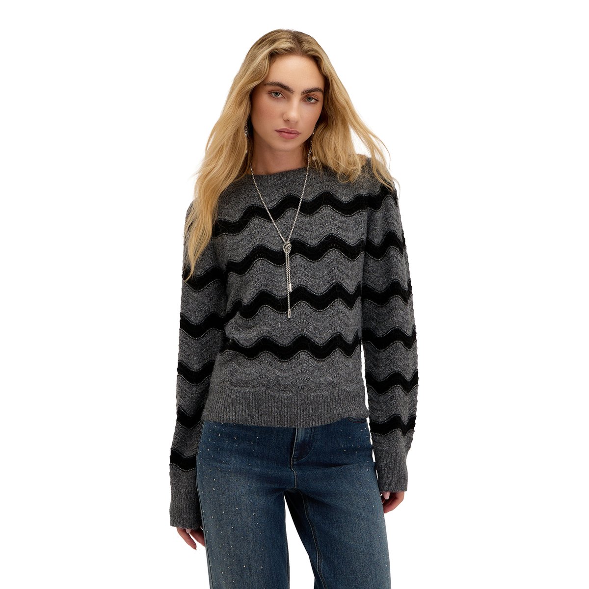 Pull brodé à vagues gris, MOTIVI