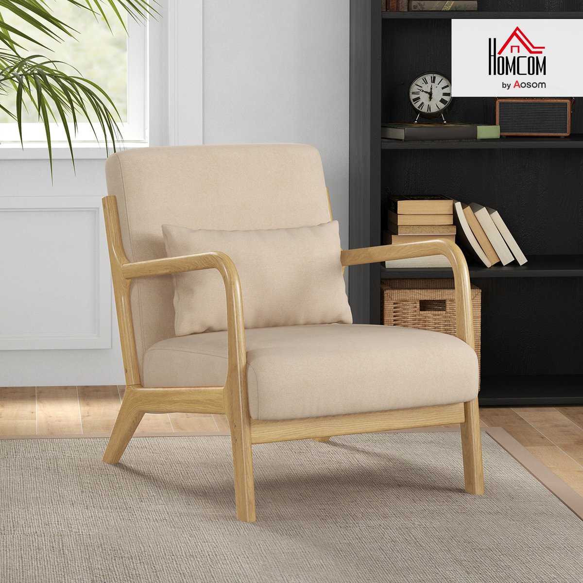 Accent Chair velours (100 % polyester) Beige beige, bois naturel, HOMCOM