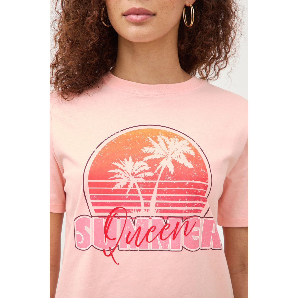 T-shirt droit col rond manches courtes rose saumon, BONOBO