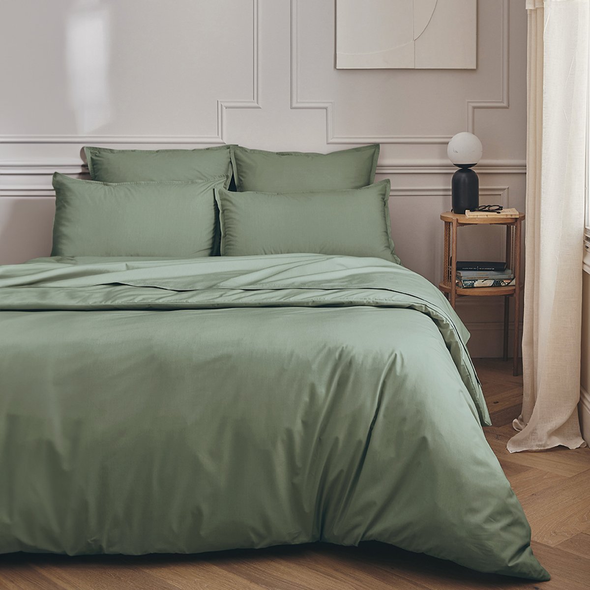 Drap housse uni en percale de coton, tête et pied relevables, bonnet de 30cm, PREMIÈRE vert sauge, ESSIX