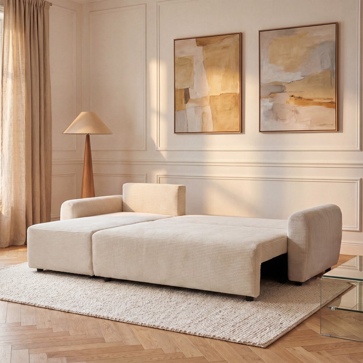 Canapé d'angle convertible réversible 4 places en velours côtelé- JUL beige, DRAWER