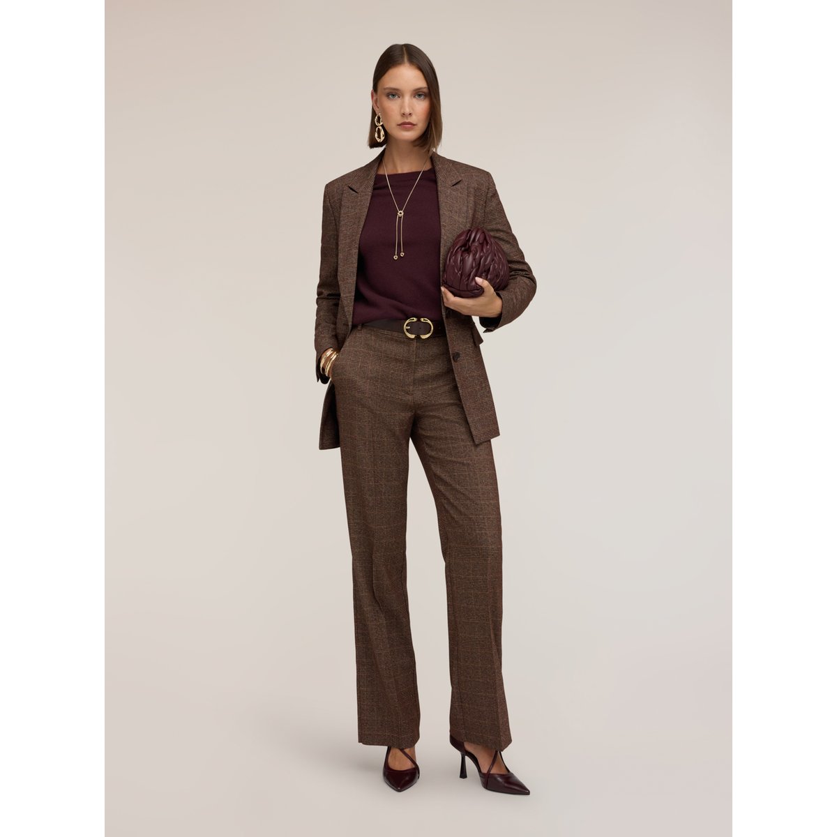Pantalon palazzo à carreaux marron, MOTIVI