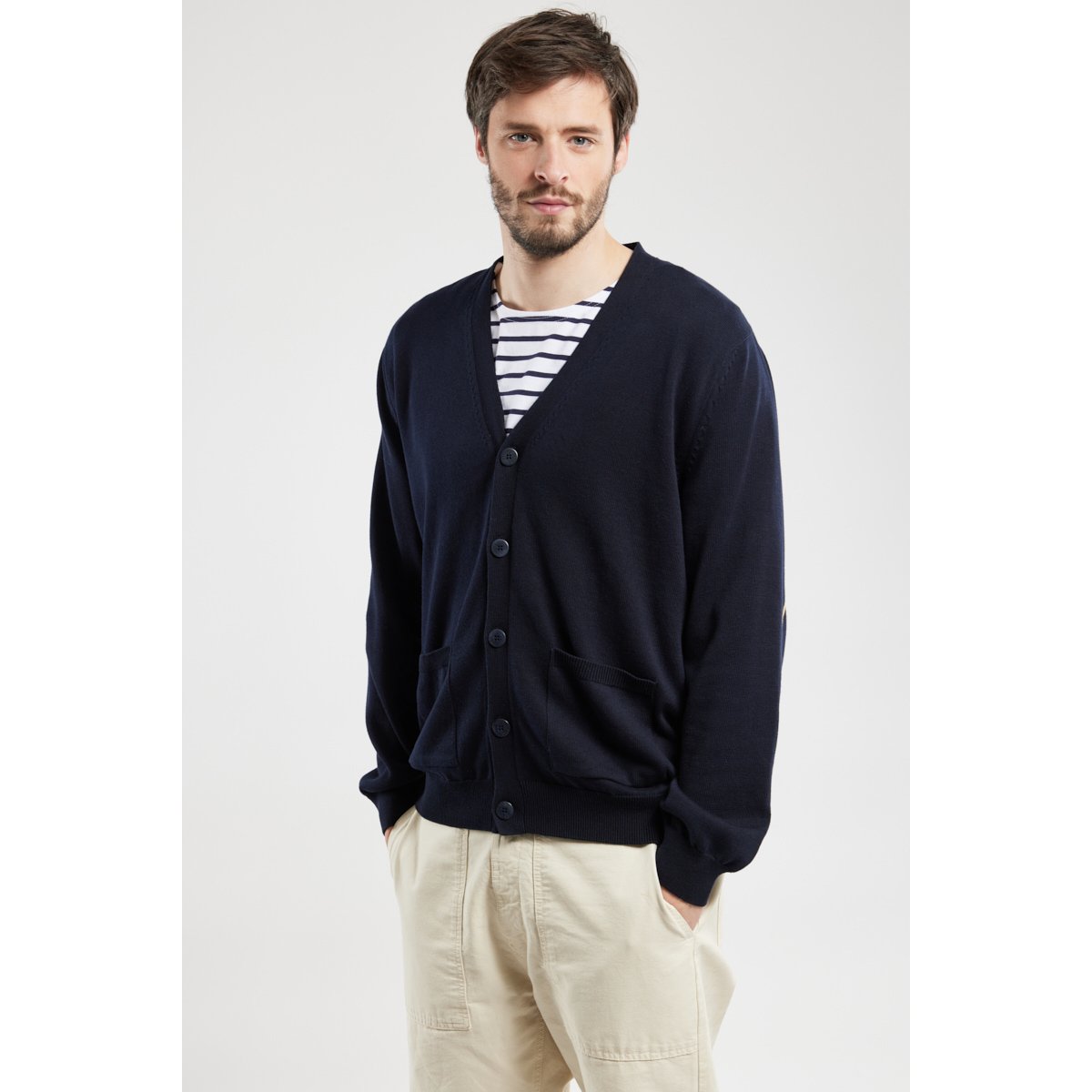 Cardigan avec coudières en coton marine deep, ARMOR-LUX