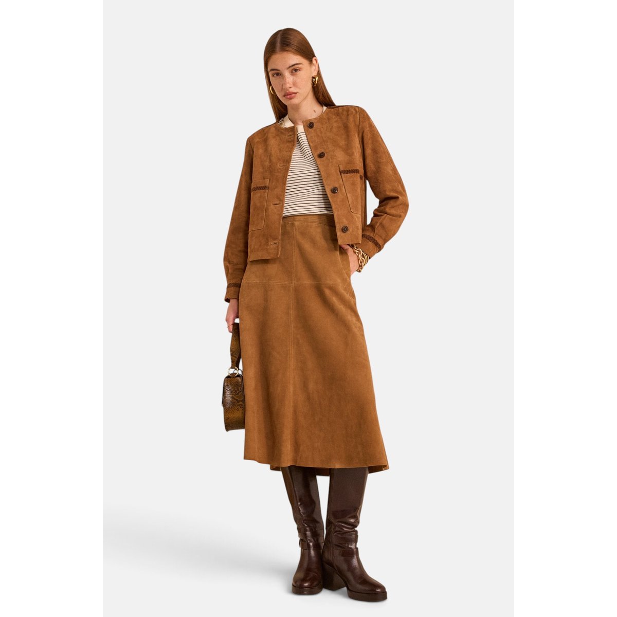 Jupe trapèze en suède VALERIA camel fonce, Maison 123